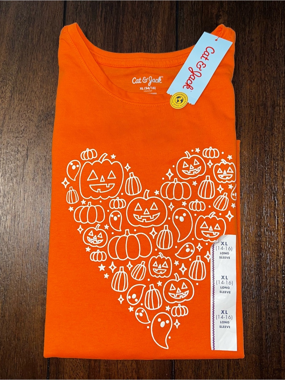 Cat & Jack Orange Kids Halloween Pumpkin Heart Long Sleeve Tee